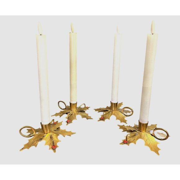 India Other - Vtg Brass Holly Berries Chamberstick Candleholder Finger Loop Set of 4